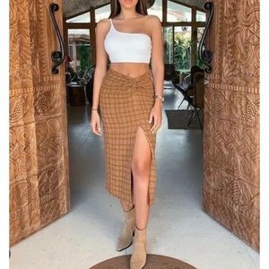 Zara Front Knot High Waisted Plaid Midi Skirt with slit